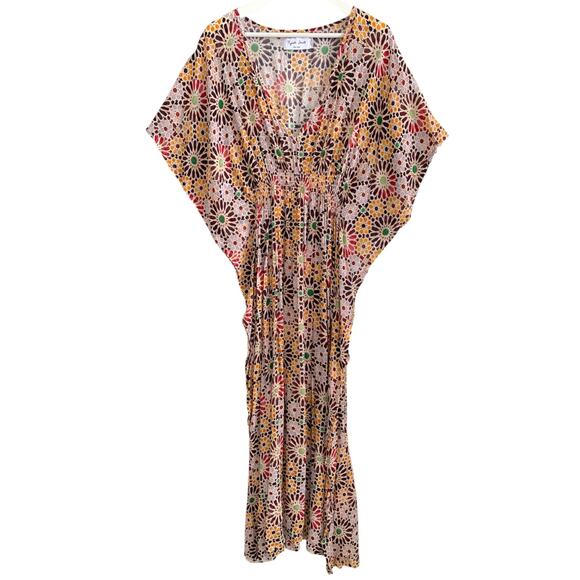 Rujuta Sheth Marie Cinch Kaftan Dress Tile Print One Size Viscose Boho Flowy - Picture 1 of 5